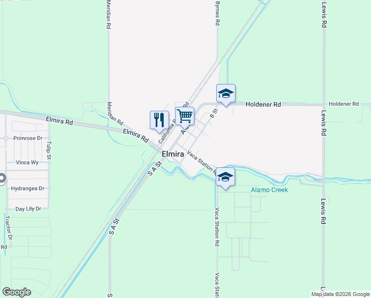 map of restaurants, bars, coffee shops, grocery stores, and more near 5358 Vaca Station Road in Elmira