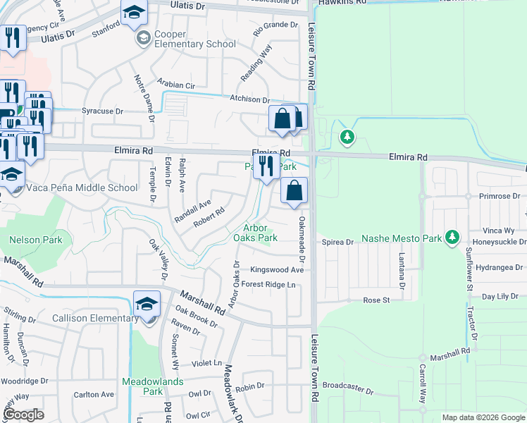map of restaurants, bars, coffee shops, grocery stores, and more near 772 Arbor Oaks Drive in Vacaville
