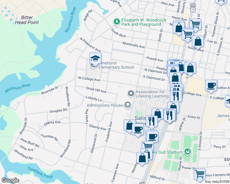 map of restaurants, bars, coffee shops, grocery stores, and more near 1099 Frederick Avenue in Salisbury