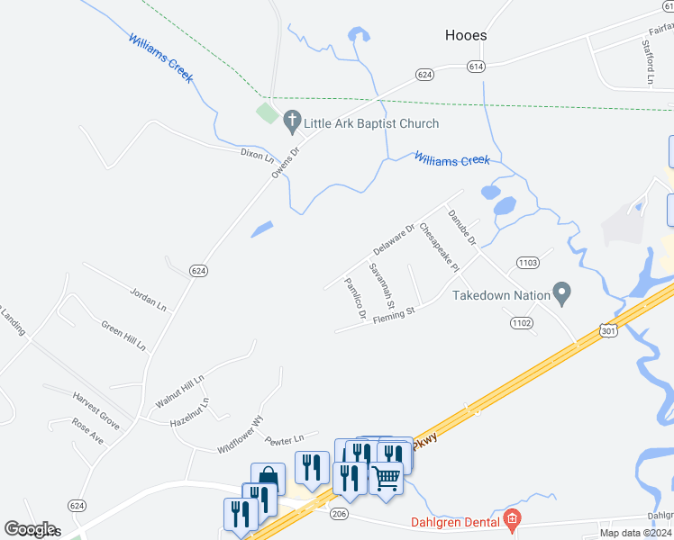 map of restaurants, bars, coffee shops, grocery stores, and more near 15397 Delaware Drive in King George