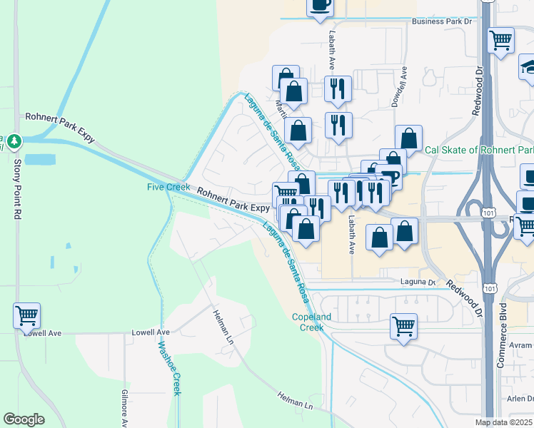 map of restaurants, bars, coffee shops, grocery stores, and more near 1355 Rohnert Park Expressway West in Rohnert Park