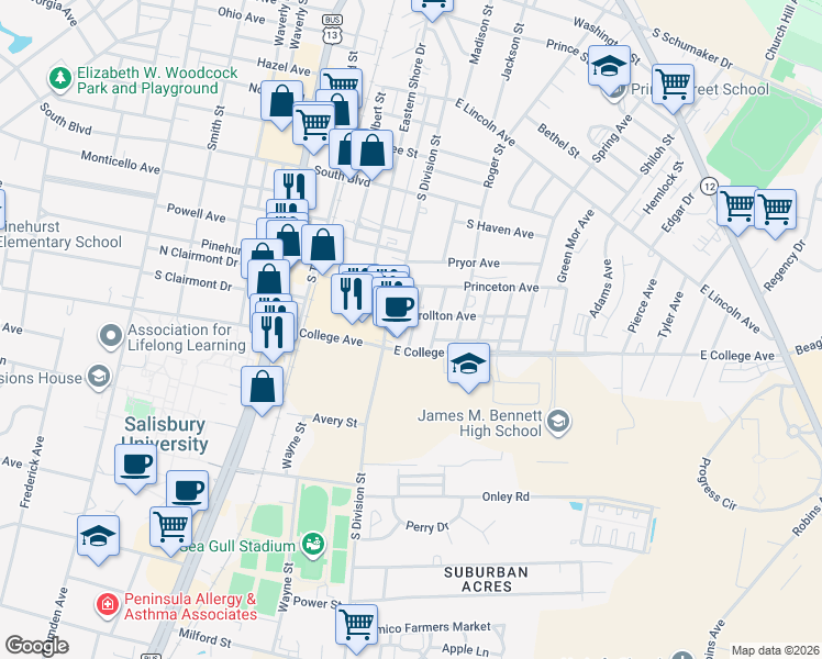 map of restaurants, bars, coffee shops, grocery stores, and more near 1017 John Street in Salisbury