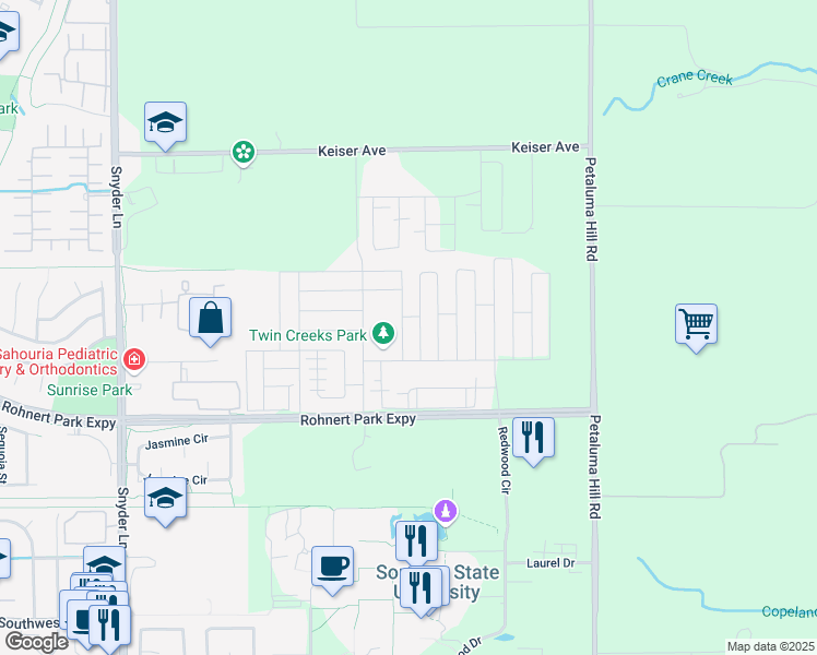 map of restaurants, bars, coffee shops, grocery stores, and more near 5532 Kenneth Place in Rohnert Park