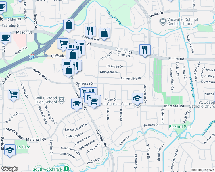 map of restaurants, bars, coffee shops, grocery stores, and more near 230 Berryessa Drive in Vacaville