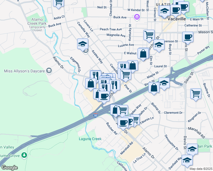 map of restaurants, bars, coffee shops, grocery stores, and more near 830 South Orchard Avenue in Vacaville