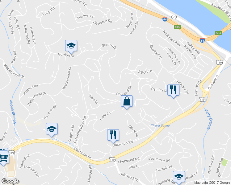 map of restaurants, bars, coffee shops, grocery stores, and more near 714 Churchill Dr in Charleston