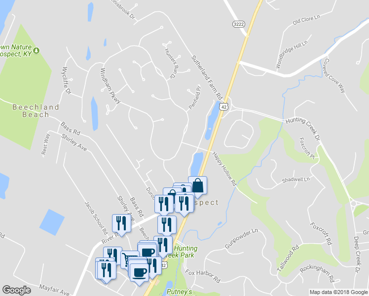 map of restaurants, bars, coffee shops, grocery stores, and more near 6900 Greenmere Boulevard in Prospect