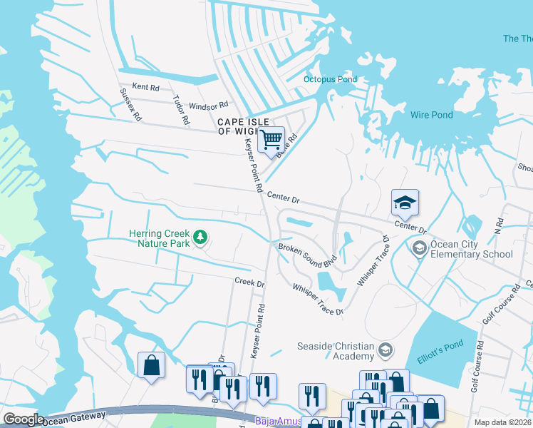 map of restaurants, bars, coffee shops, grocery stores, and more near 10054 Keyser Point Road in Ocean City