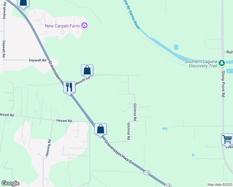 map of restaurants, bars, coffee shops, grocery stores, and more near 5070 Gilchrist Road in Sebastopol