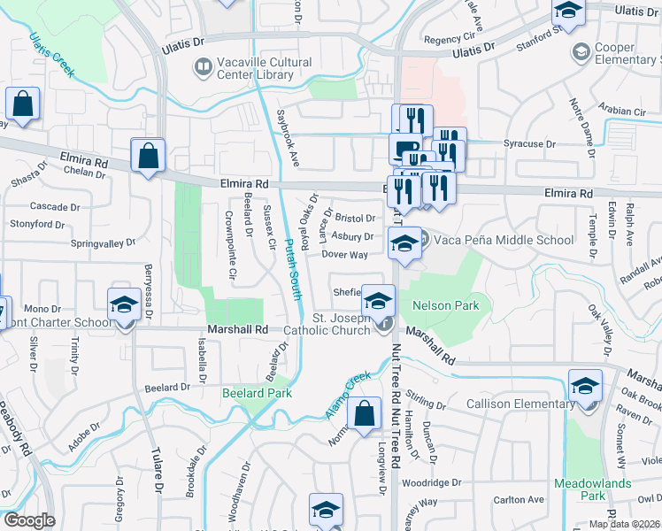 map of restaurants, bars, coffee shops, grocery stores, and more near 136 Dover Way in Vacaville