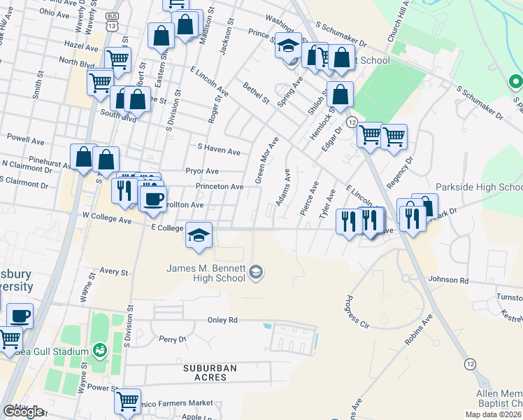 map of restaurants, bars, coffee shops, grocery stores, and more near 1018 Adams Avenue in Salisbury