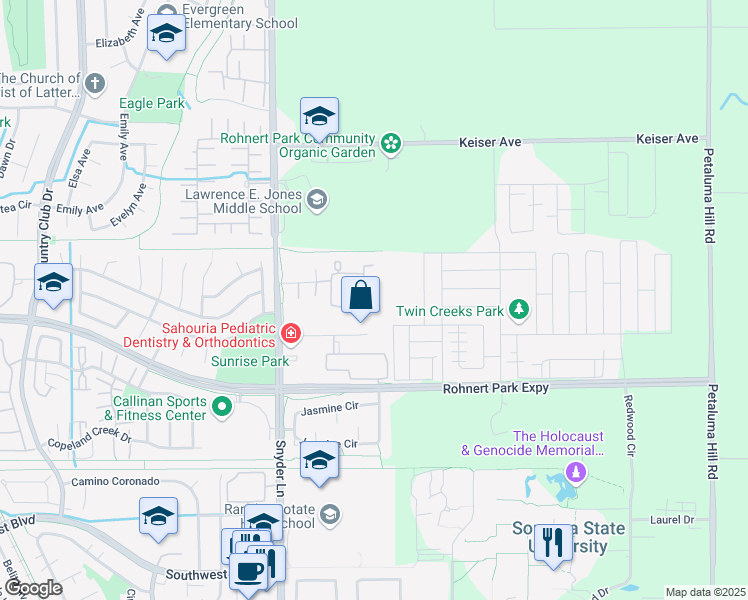 map of restaurants, bars, coffee shops, grocery stores, and more near 1605 Parkway Drive in Rohnert Park