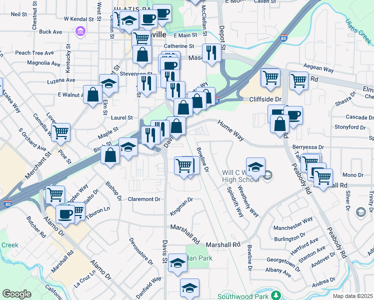 map of restaurants, bars, coffee shops, grocery stores, and more near 831 Davis Street in Vacaville