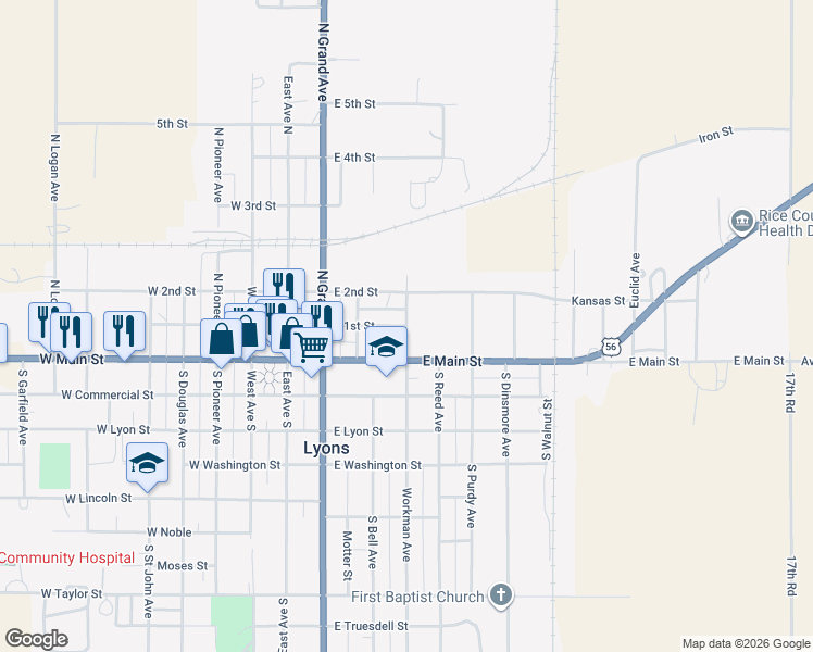 map of restaurants, bars, coffee shops, grocery stores, and more near North Grant Avenue in Lyons