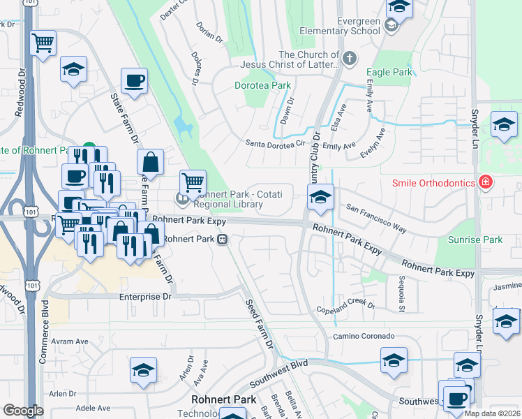 map of restaurants, bars, coffee shops, grocery stores, and more near 639 Racquet Club Circle in Rohnert Park