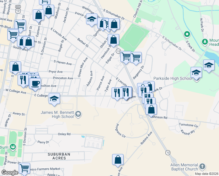 map of restaurants, bars, coffee shops, grocery stores, and more near 1013 Tyler Avenue in Salisbury