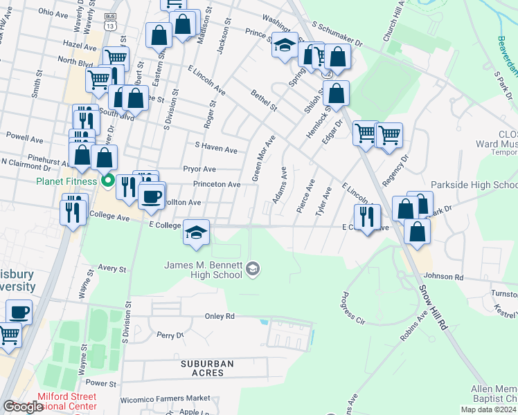 map of restaurants, bars, coffee shops, grocery stores, and more near 448 Princeton Avenue in Salisbury
