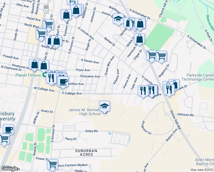 map of restaurants, bars, coffee shops, grocery stores, and more near 448 Princeton Avenue in Salisbury