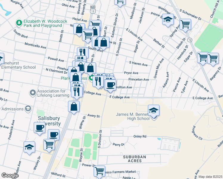 map of restaurants, bars, coffee shops, grocery stores, and more near 106 Carrollton Avenue in Salisbury