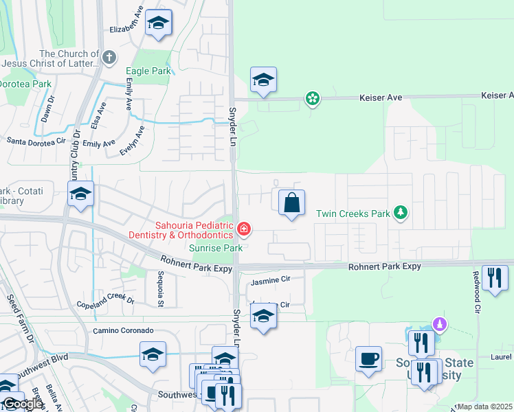 map of restaurants, bars, coffee shops, grocery stores, and more near 1359 Parkway Drive in Rohnert Park