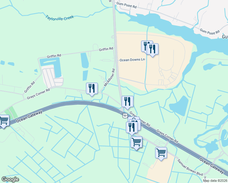 map of restaurants, bars, coffee shops, grocery stores, and more near 11201 Grays Corner Road in Berlin
