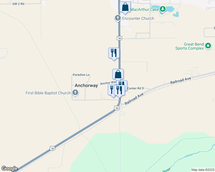 map of restaurants, bars, coffee shops, grocery stores, and more near 5801 Anchor Way in Great Bend