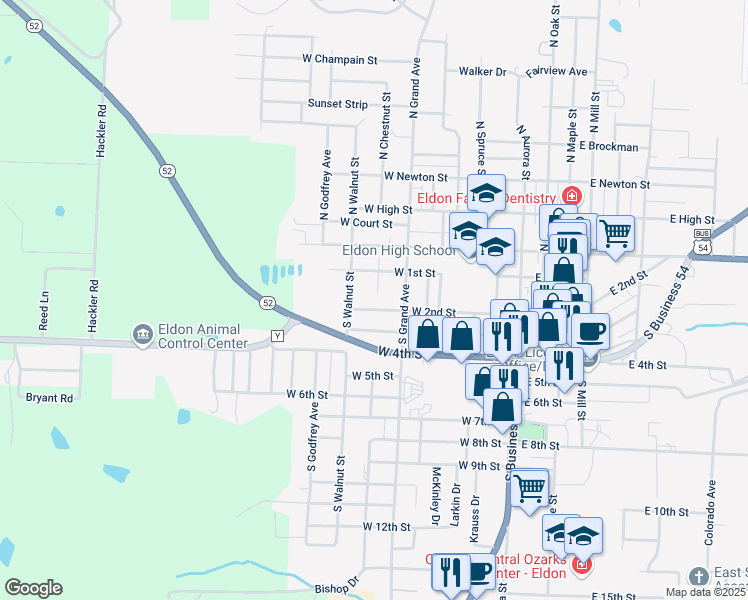 map of restaurants, bars, coffee shops, grocery stores, and more near 401-699 West 2nd Street in Eldon