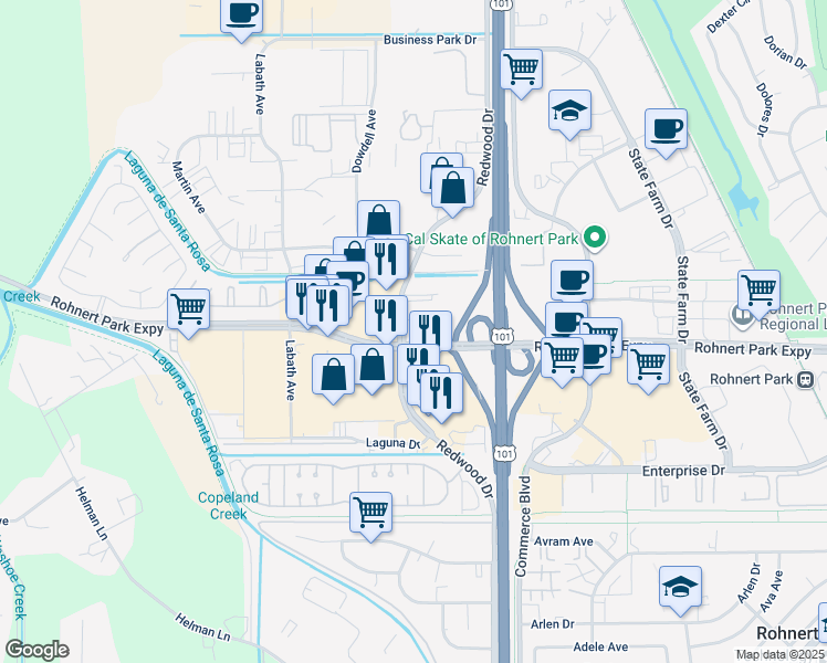 map of restaurants, bars, coffee shops, grocery stores, and more near 6298 Redwood Dr in Rohnert Park