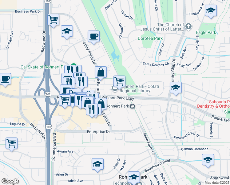 map of restaurants, bars, coffee shops, grocery stores, and more near 6250 Lynne Conde Way in Rohnert Park