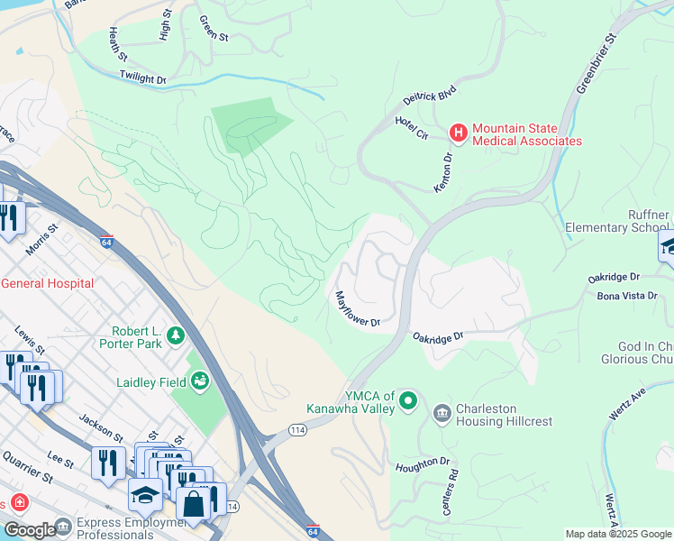 map of restaurants, bars, coffee shops, grocery stores, and more near 702 Mayflower Drive in Charleston