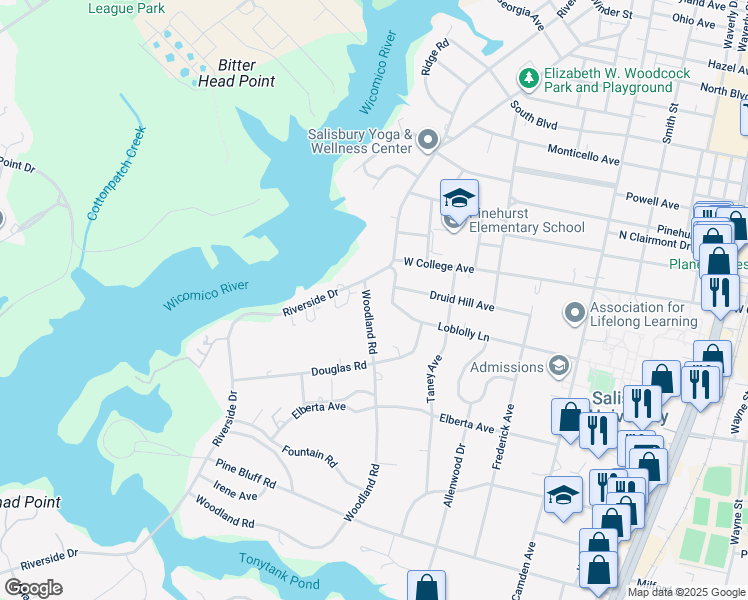 map of restaurants, bars, coffee shops, grocery stores, and more near 1103 Woodland Road in Salisbury