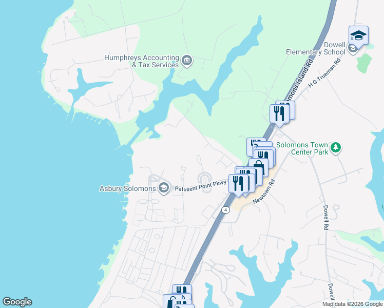 map of restaurants, bars, coffee shops, grocery stores, and more near 13113 Windjammer Avenue in Solomons