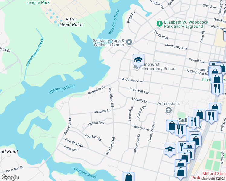 map of restaurants, bars, coffee shops, grocery stores, and more near 1103 Woodland Road in Salisbury
