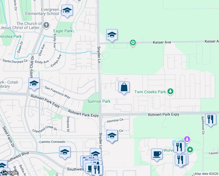 map of restaurants, bars, coffee shops, grocery stores, and more near 1374 Parkway Drive in Rohnert Park