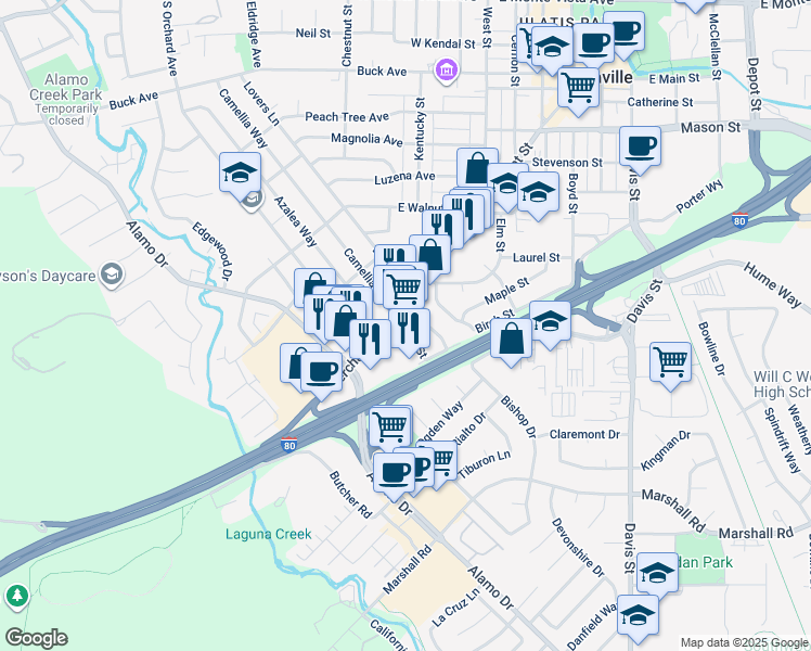 map of restaurants, bars, coffee shops, grocery stores, and more near 801 Merchant Street in Vacaville