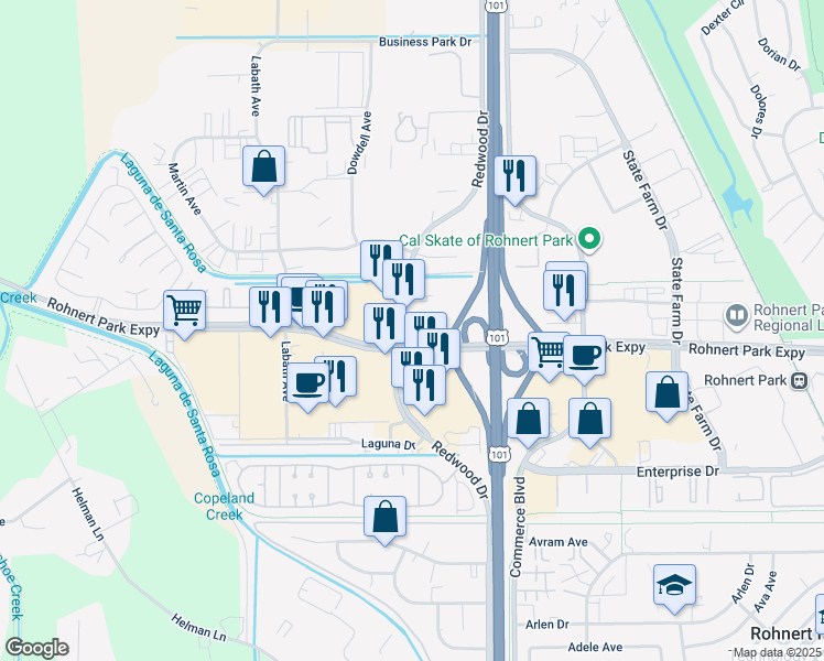 map of restaurants, bars, coffee shops, grocery stores, and more near 6298 Redwood Drive in Rohnert Park