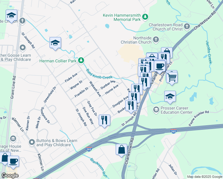 map of restaurants, bars, coffee shops, grocery stores, and more near 3935 Horne Avenue in New Albany