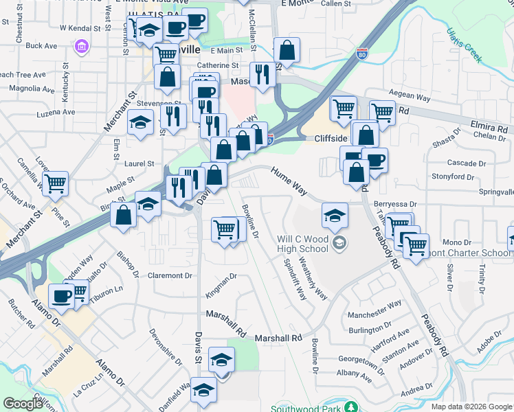 map of restaurants, bars, coffee shops, grocery stores, and more near 236 Spindrift Way in Vacaville