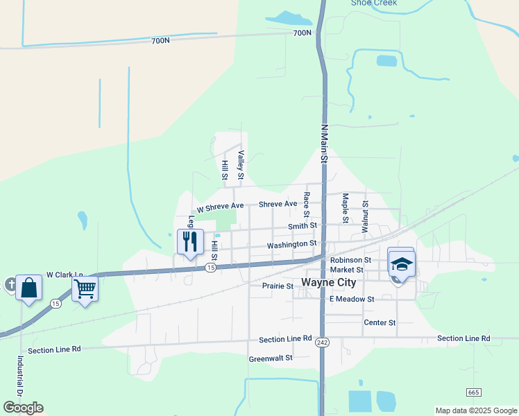 map of restaurants, bars, coffee shops, grocery stores, and more near 403 Shreve Avenue in Wayne City