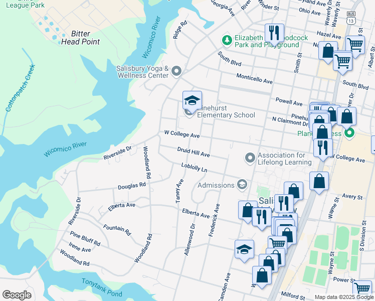 map of restaurants, bars, coffee shops, grocery stores, and more near 514 Druid Hill Avenue in Salisbury
