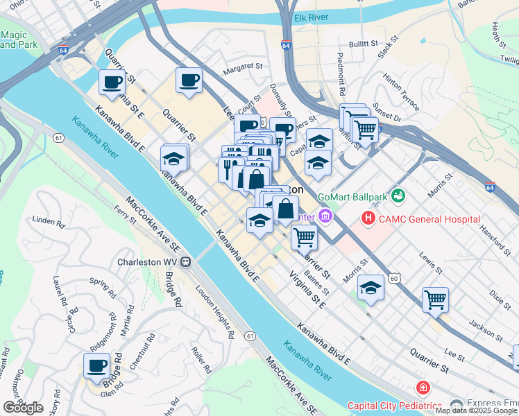 map of restaurants, bars, coffee shops, grocery stores, and more near 218 Dickinson Street in Charleston