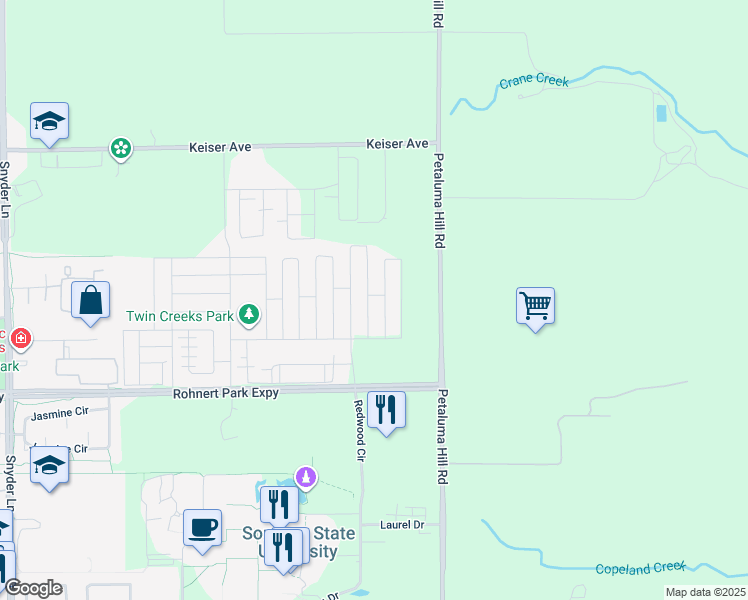 map of restaurants, bars, coffee shops, grocery stores, and more near 5840 Kristina Place in Cotati