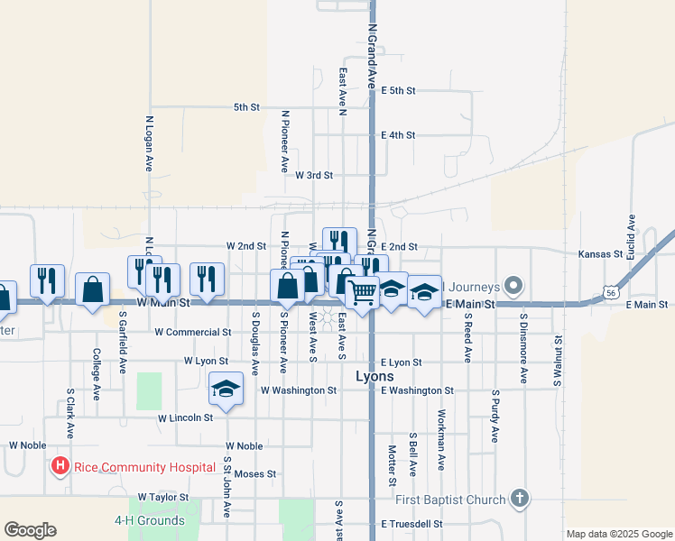 map of restaurants, bars, coffee shops, grocery stores, and more near 151 East Avenue North in Lyons