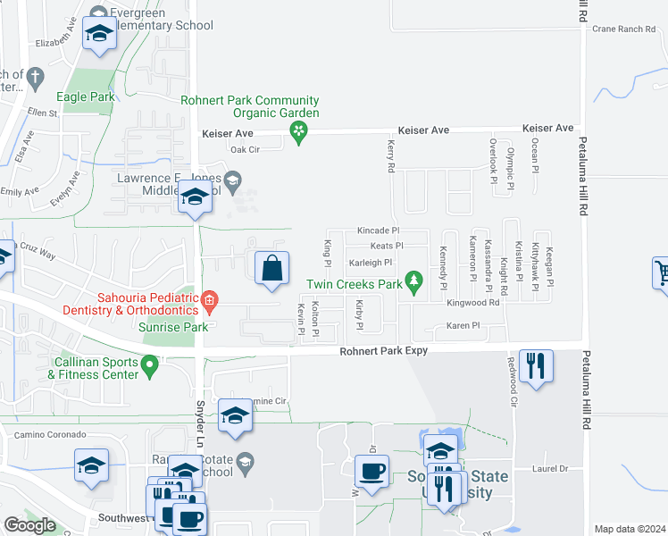 map of restaurants, bars, coffee shops, grocery stores, and more near 5040 King Place in Rohnert Park