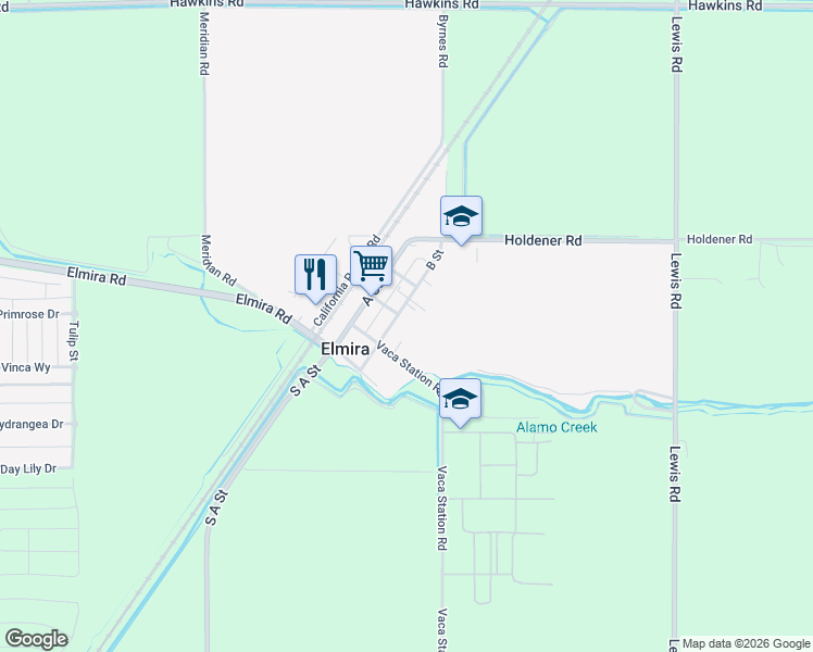 map of restaurants, bars, coffee shops, grocery stores, and more near 6076 B Street in Elmira