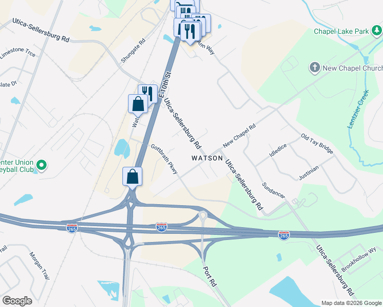 map of restaurants, bars, coffee shops, grocery stores, and more near 3611 Utica Sellersburg Road in Jeffersonville