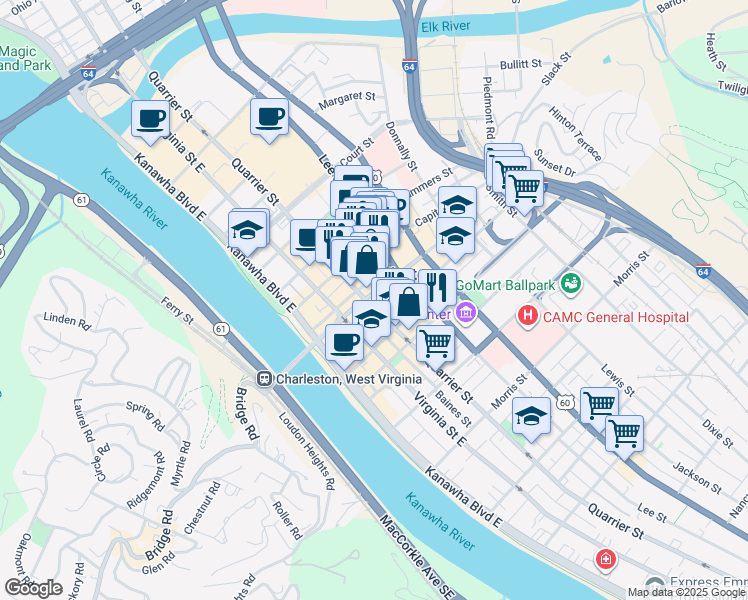 map of restaurants, bars, coffee shops, grocery stores, and more near 218 Dickinson Street in Charleston