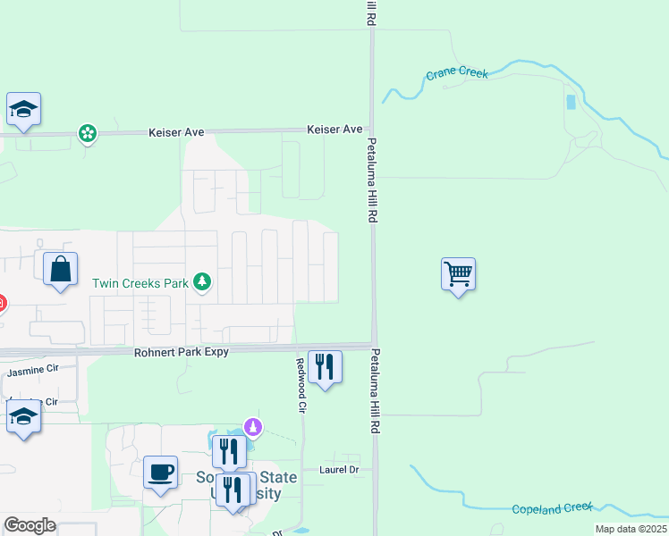 map of restaurants, bars, coffee shops, grocery stores, and more near 5933 Keegan Place in Cotati