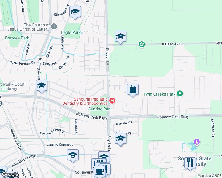 map of restaurants, bars, coffee shops, grocery stores, and more near 1307 Parkway Drive in Rohnert Park