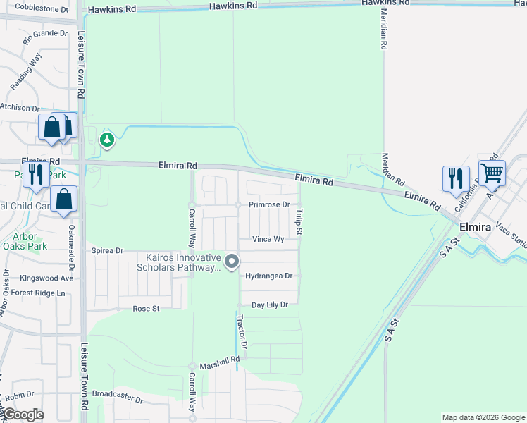 map of restaurants, bars, coffee shops, grocery stores, and more near 407 Alyssum Drive in Vacaville